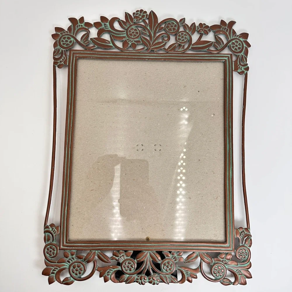 Vtg 8x10 Floral Cast Metal Picture Frame Copper Tone Turquoise Verdigris Photo